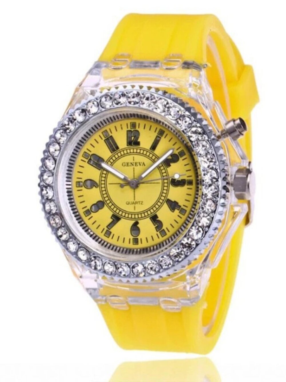 LED Light Up Analog Wrist Watch Yellow Band Crystal Bezel Fashion Gift Unisex